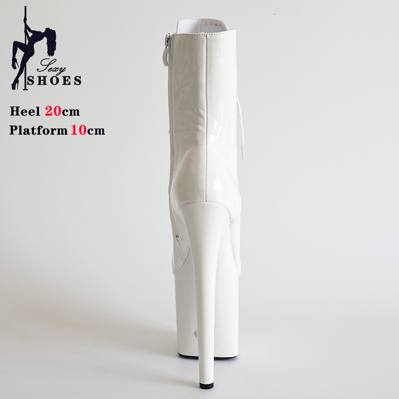 Spring Women Shoes Strip Show 20Cm Extreme High Heels Pole Dancing White Modern Round Toe Platform Lace-Up Short Boots