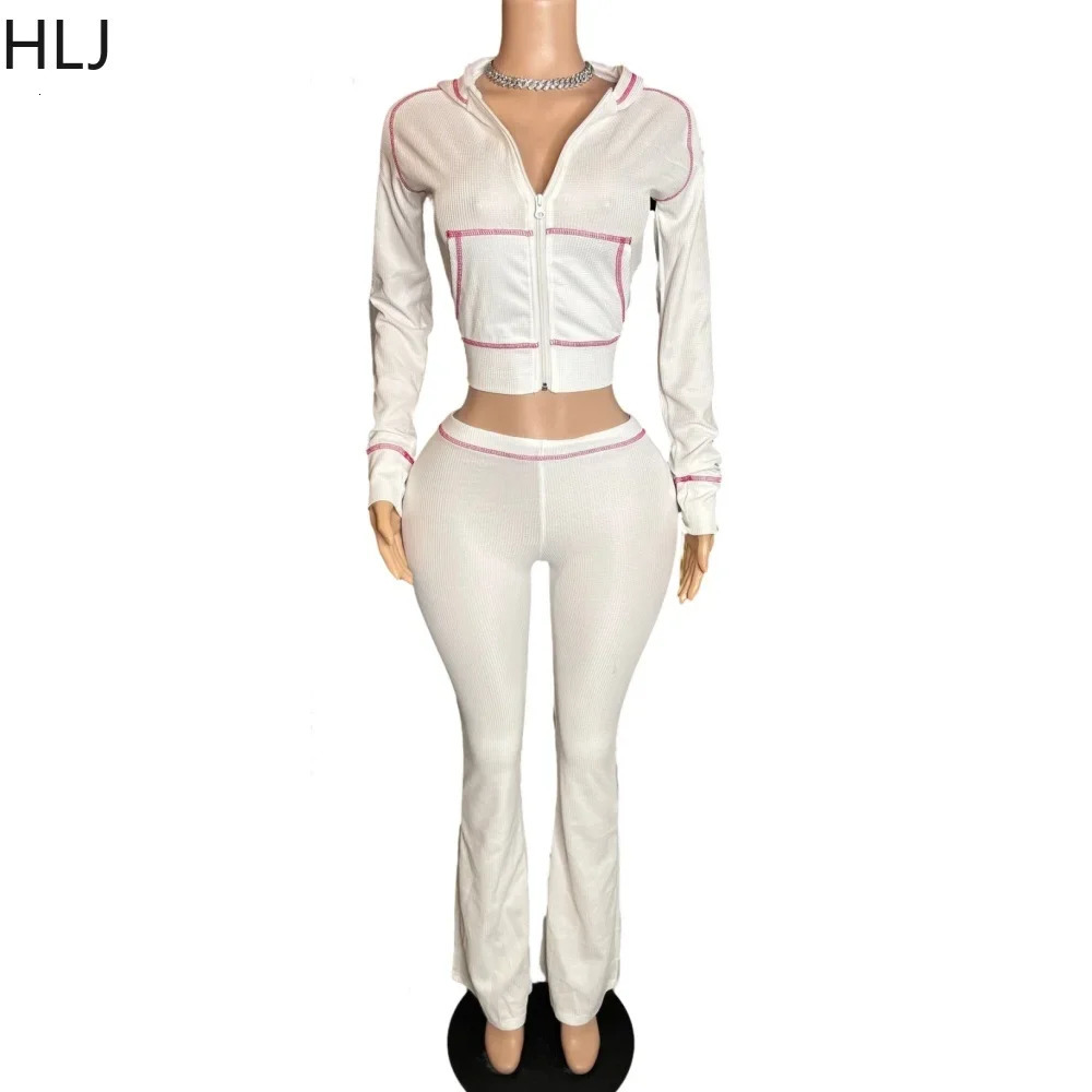 HLJ Autumn Waffle Hooded Two Piece Sets Outfits Women Zipper Long Sleeve Top And Flare Pants Tracksuits Female Sporty Suits 241209
