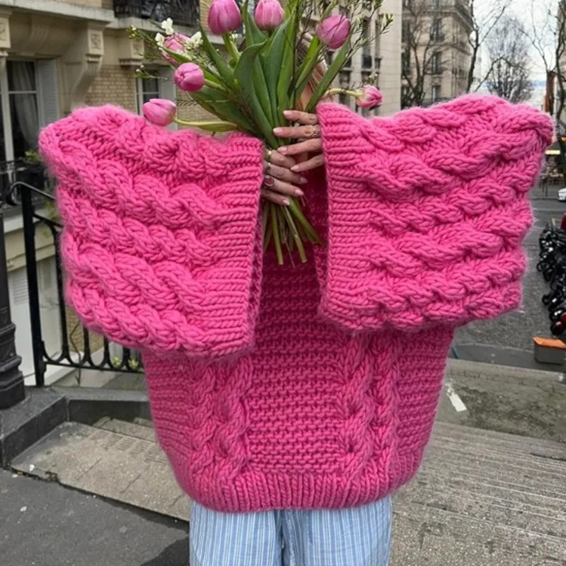 autumn and winter loose knitted sweater with floral pattern for womens casual lazy round neck solid sleeves women 241211