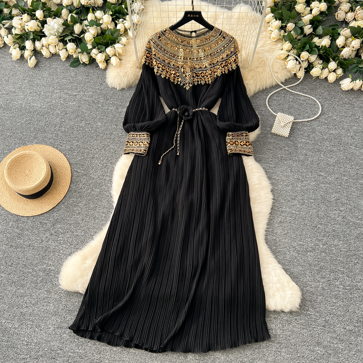 Runway Women Dresses Pleated Sequins Bling Dress Women Long Sleeve Party Dresses O Neck Side Slit Evening Vestidos With Back Zipper Dropship