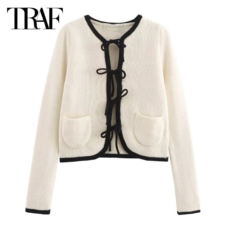 HXAO Crop Knit Cardigan For Women Womens Sweater Bow Lace-Up Outerwears Long Sleeve Cardigan O-Neck Off White Knitwear Cardigan 241214