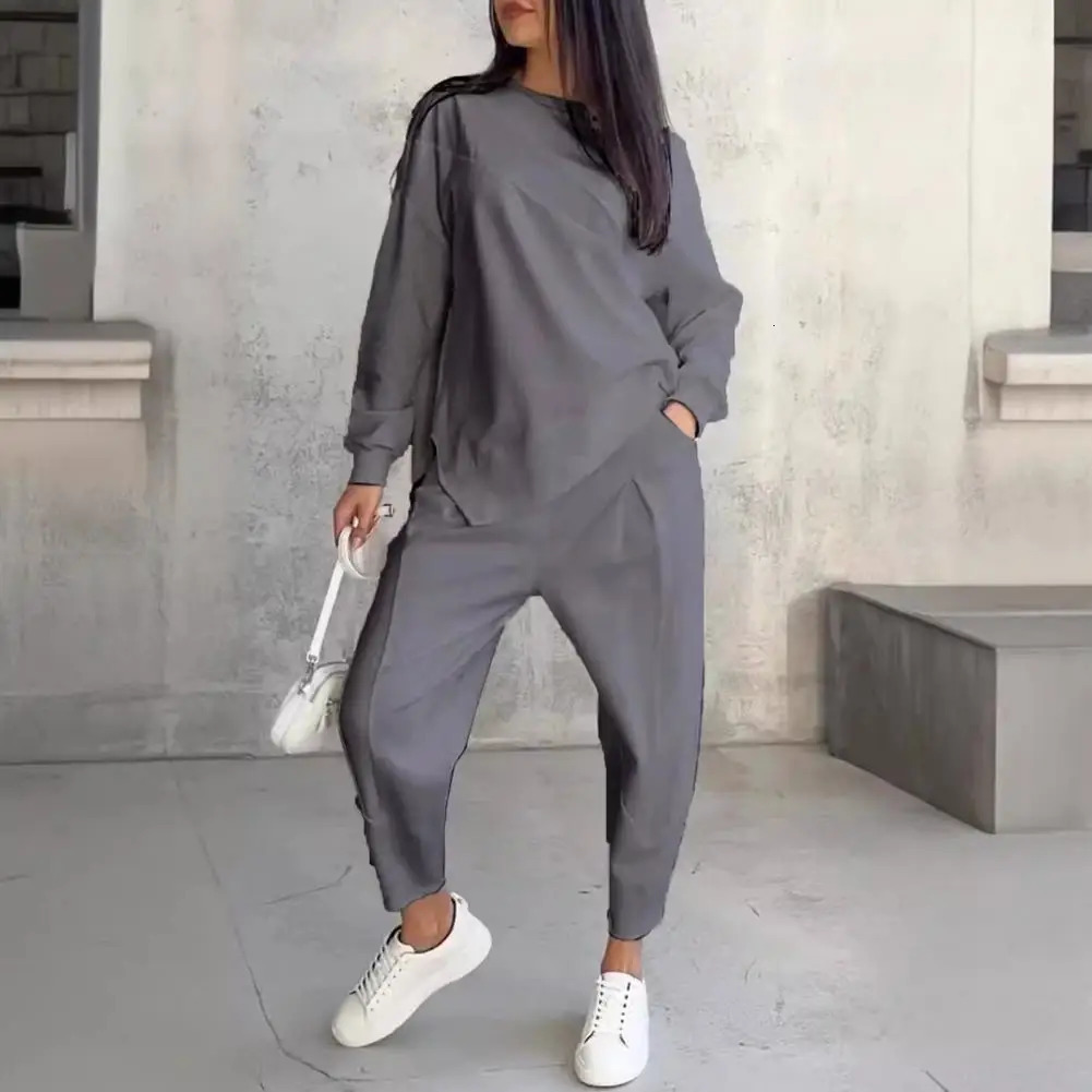 Loose Trousers Set Women Casual Two-piece Set Elegant Womens Top Pants Set with Long Sleeves O Neck Irregular T-shirt for Fall 241214