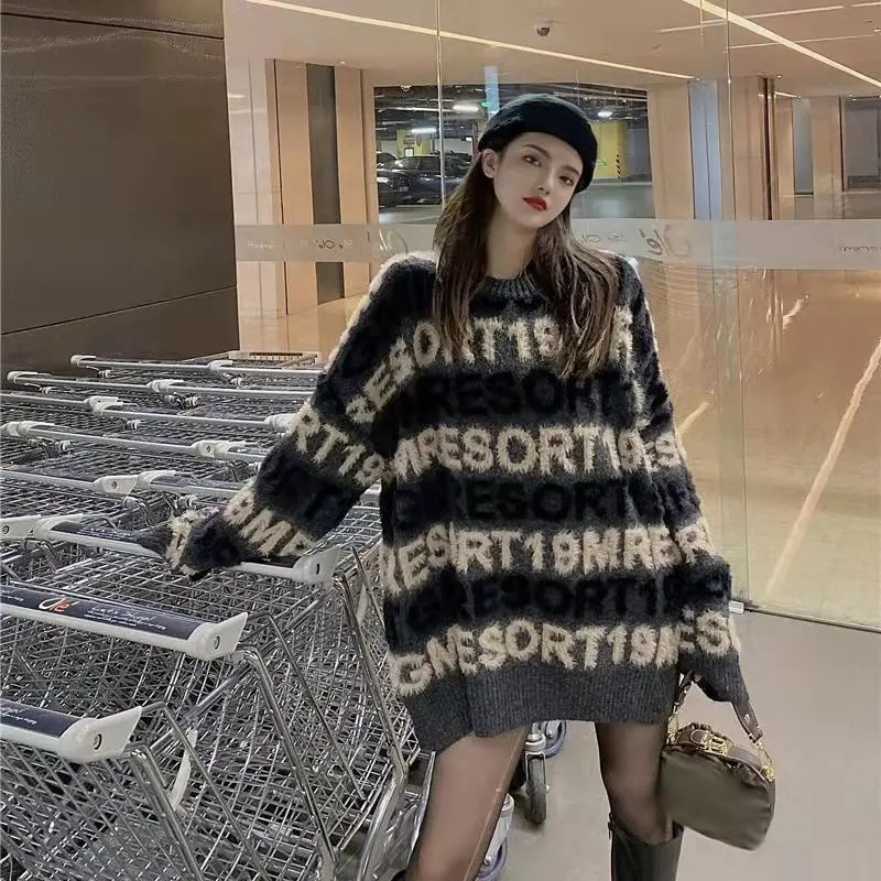 Womens Sweater AutumnWinter Mid length Lazy Style Loose Casual Fashion Trend Knitted Top 241211