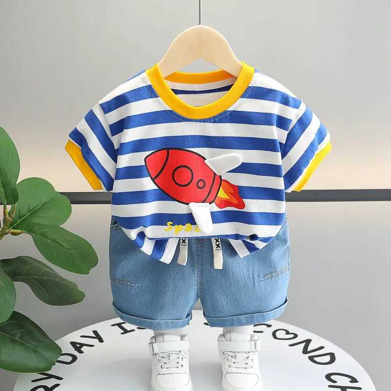 Clothing Sets Kids Boys Girls Summer Clothes Cotton Strips Sports Suit Infant Space T Shirt Shorts Children Clothing Tracksuits Set 0-5 Years H241214