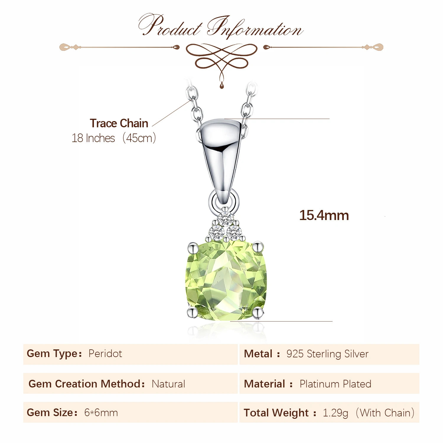 Potiy 1ct Cushion Natural Cut Genuine Peridot Pendant Necklace With 18 Inches Trace Chain 925 Sterling Silver 241213