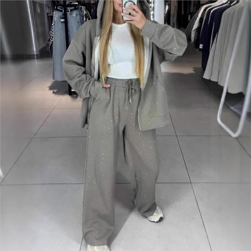 Fall Winter Rhinestone Diamonds Hooded Sweatshirt Two Piece Set Women Tracksuits Coat Drawstring Pants Retro Loose Sport Suit 241209