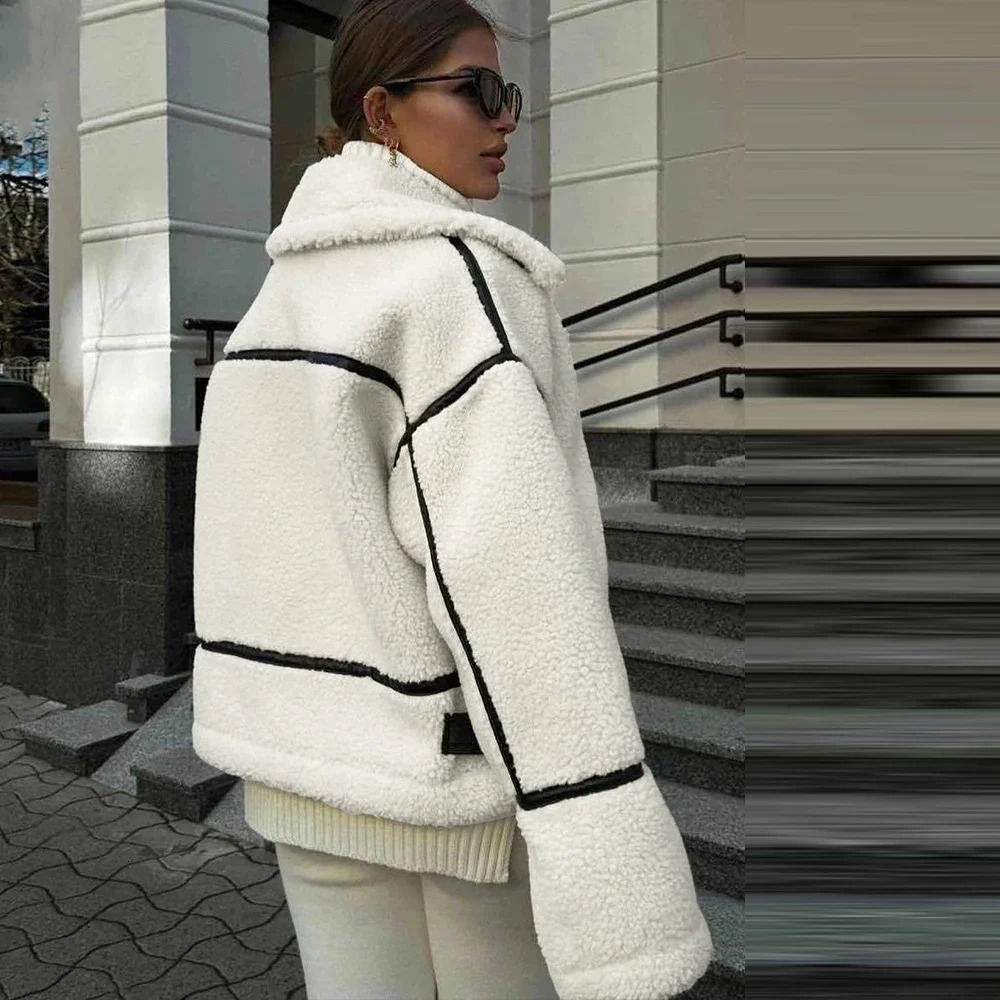 Suninhart Winter Warm Wool Jacket Casual Loose Thick Coat Contrast Color Integrated Artificial Wool Leather Jacket Plush Jacket for Women 241214