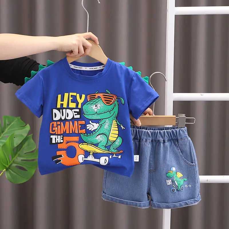 Clothing Sets Summer Children Cotton Clothes Kids Boys Printe Cartoon O-Neck Dinosaur T Shirt Shorts 2Pcs/Set Kids Fashion Toddler 0-5 Years H241214