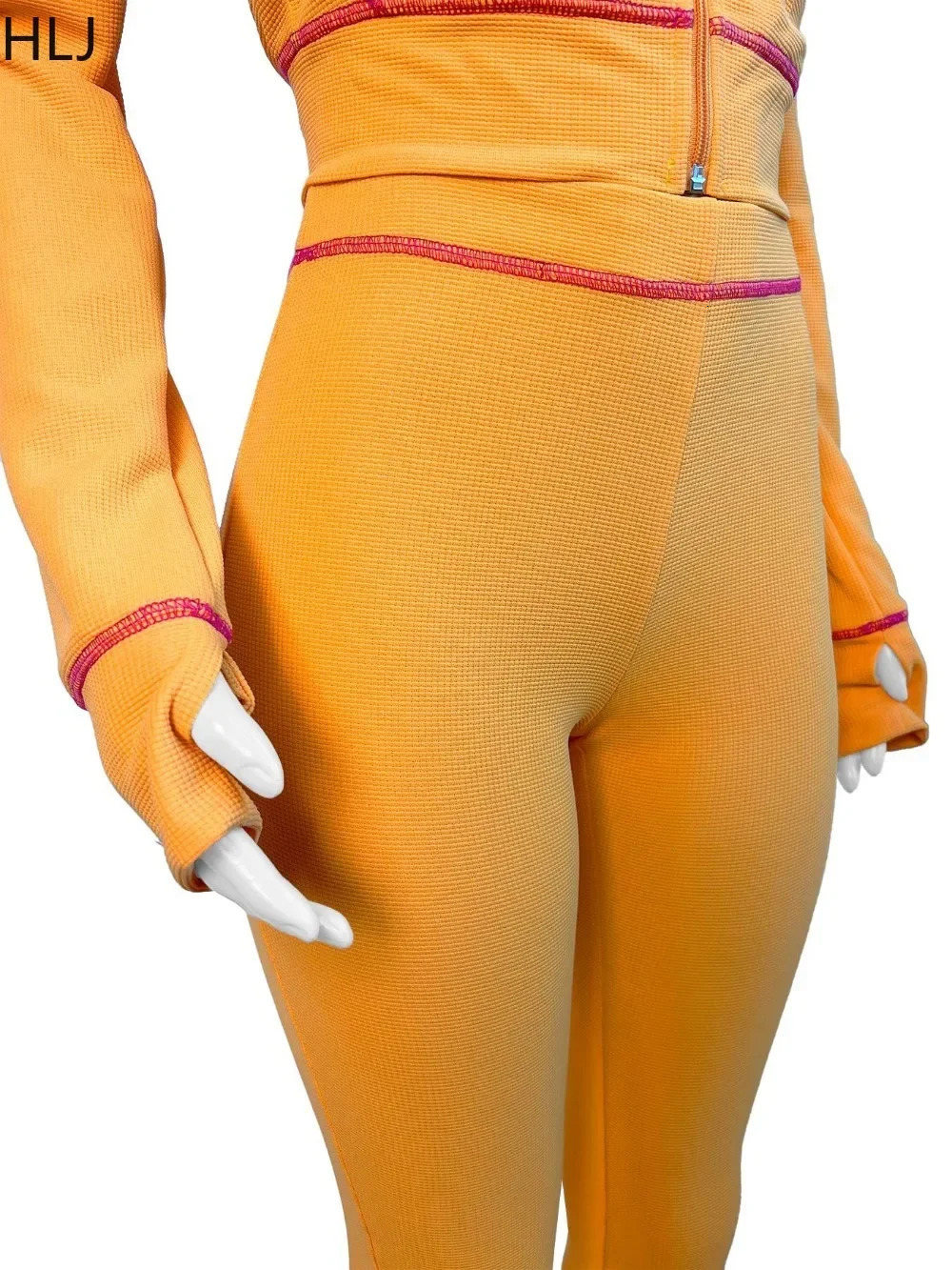 HLJ Autumn Waffle Hooded Two Piece Sets Outfits Women Zipper Long Sleeve Top And Flare Pants Tracksuits Female Sporty Suits 241209