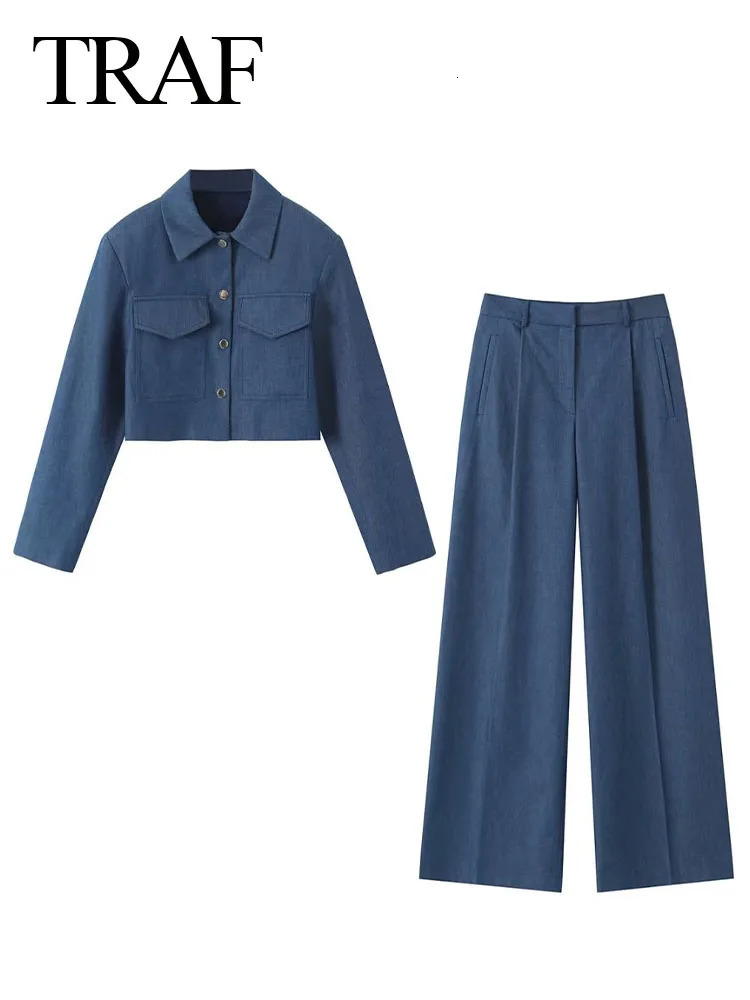 TRAF Fashion Women Pants Suit Elegant Female Long Sleeve Pockets Cropped CoatFront Pleats High Waist Pants Two Pieces Chic Set 241214