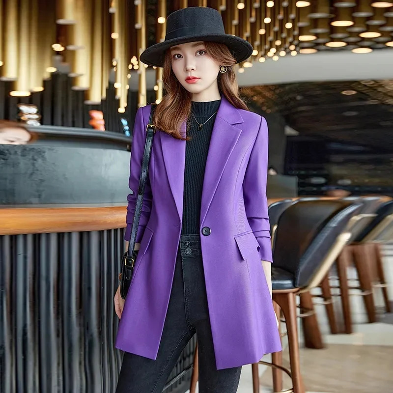 Autumn Winter Ladies Mid Long Blazer Women Single Button Black Purple Female Casual Jacket Coat Office Outerwear 241209