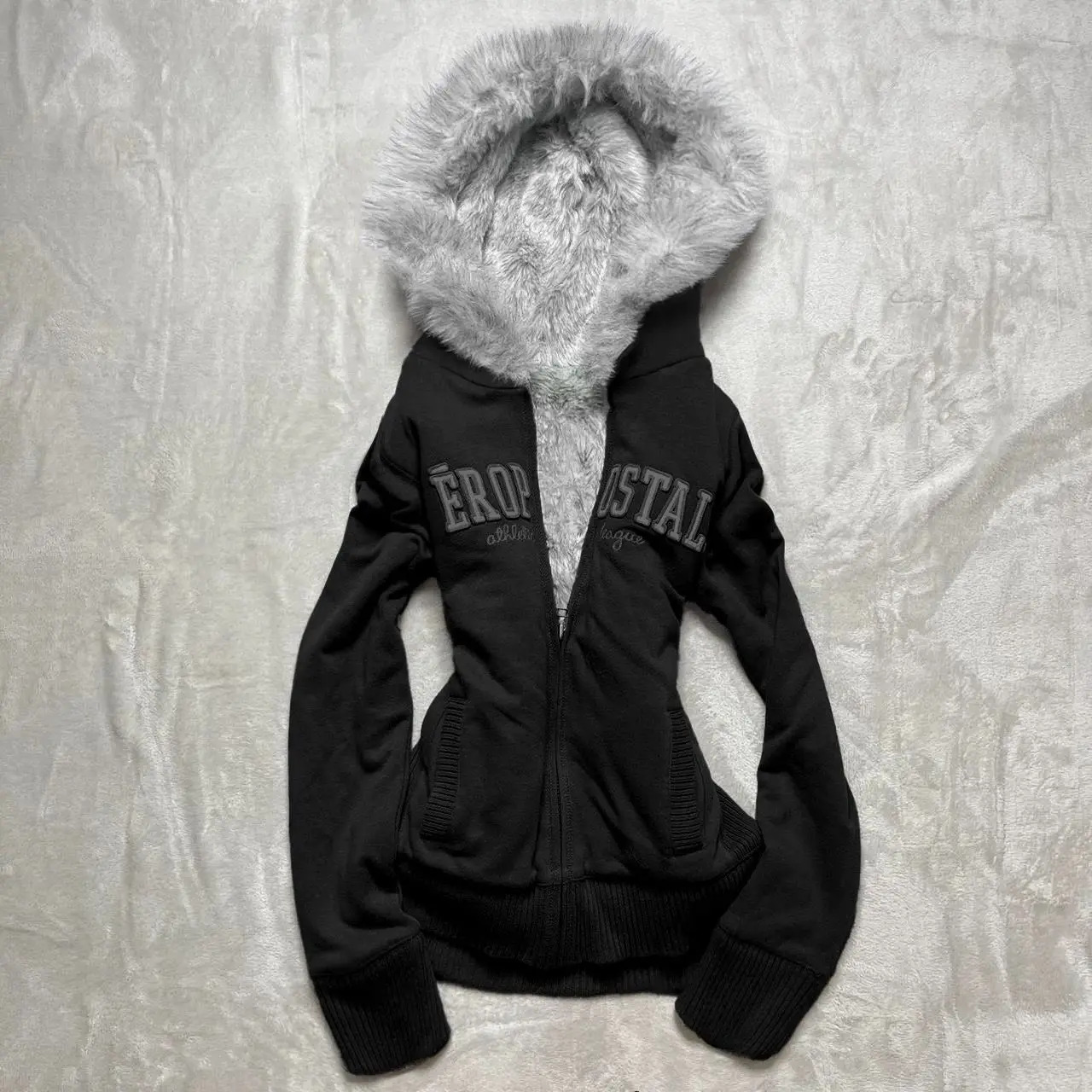 Y2K American original gray velvet thick hooded womens sweater jacket retro slim spicy girl warm zipper jacket 241209