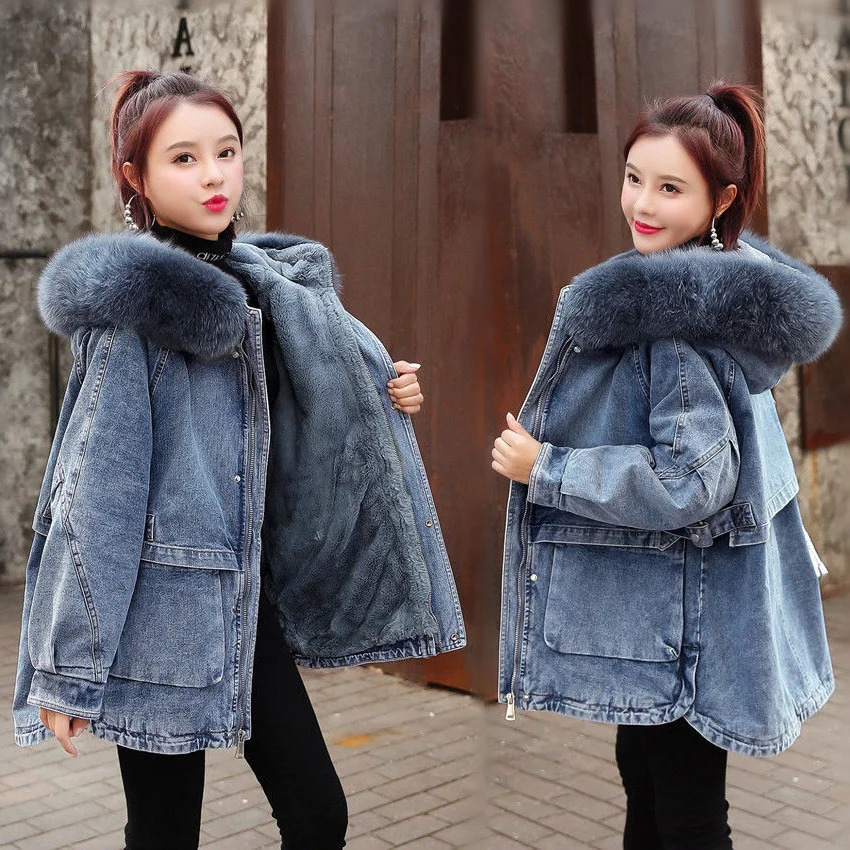 Winter Sheepskin Loose Womens Denim Coat Thick Hooded Big Fur Collar Coat Retro Plus Velvet Denim Cotton Mat Jacket 241210