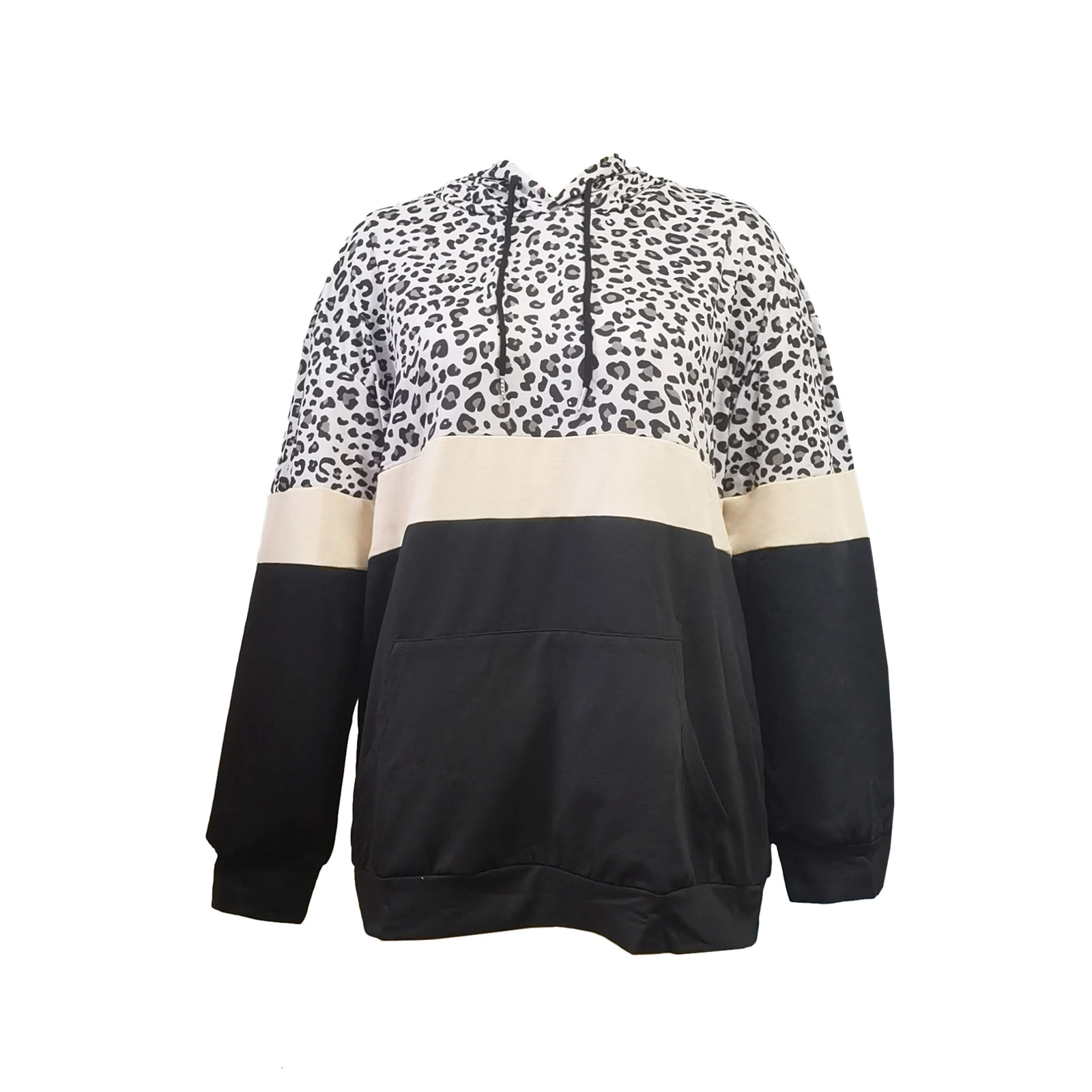Leopard Print Kangaroo Pocket Hoodie Casual Color Block Long Sleeve Drawstring Hoodie Womens Wear 241214