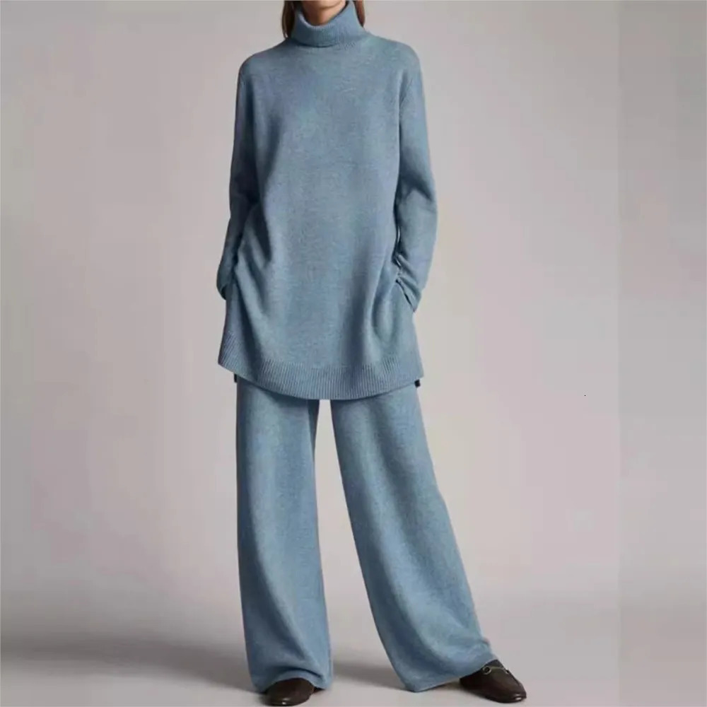 Autumn And Winter For Womens High Neck Knitted Pants Casual Pocket Retro Loose Female Office Knitting 2 Piece Set 241203