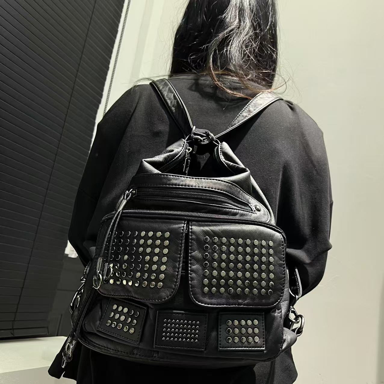 TEMU Women's Fashion Rivet Hot Girl Washed Tote Bag Large Capacity Aging Multi Functional Backpack
