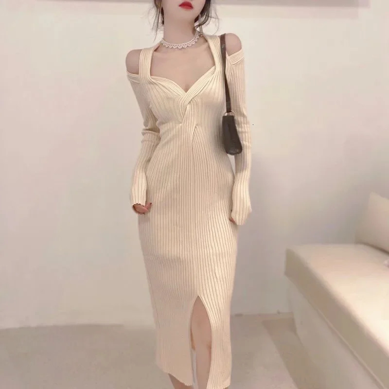 Fanan sexy camisole side split knit dress large deep Vneck high waist bandage shoulder streetwear ultrathin vest 241212