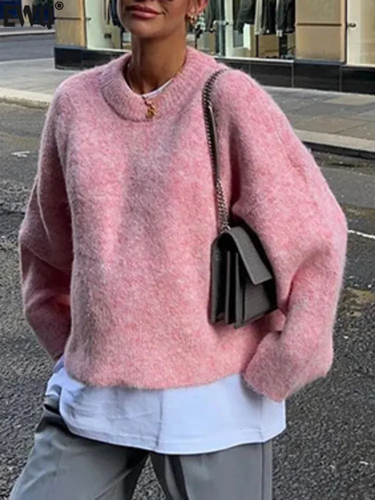 Sweet Pink Soft Womens Knitted Sweater Long Sleeve ONeck Full Match 2024 Winter Fashion Thick Loose Jumper 16O3416 241211