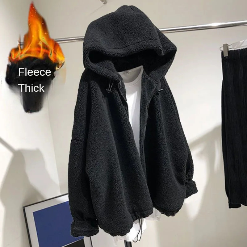 Women Hoodie Harajuku Korean Solid Color Plus Fleece Thick Zipper Long Sleeve Jacket Loose Casual Soft Fleece Hoody Sweatshirt 241214