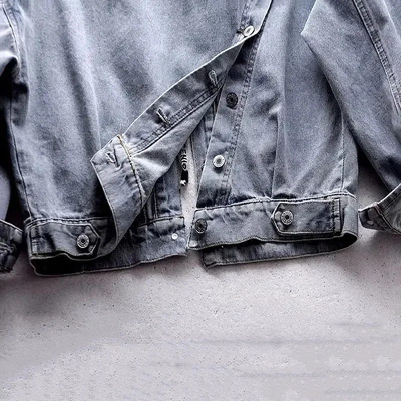 Blue detachable hooded lapel denim jacket for women loose button patchwork 241211