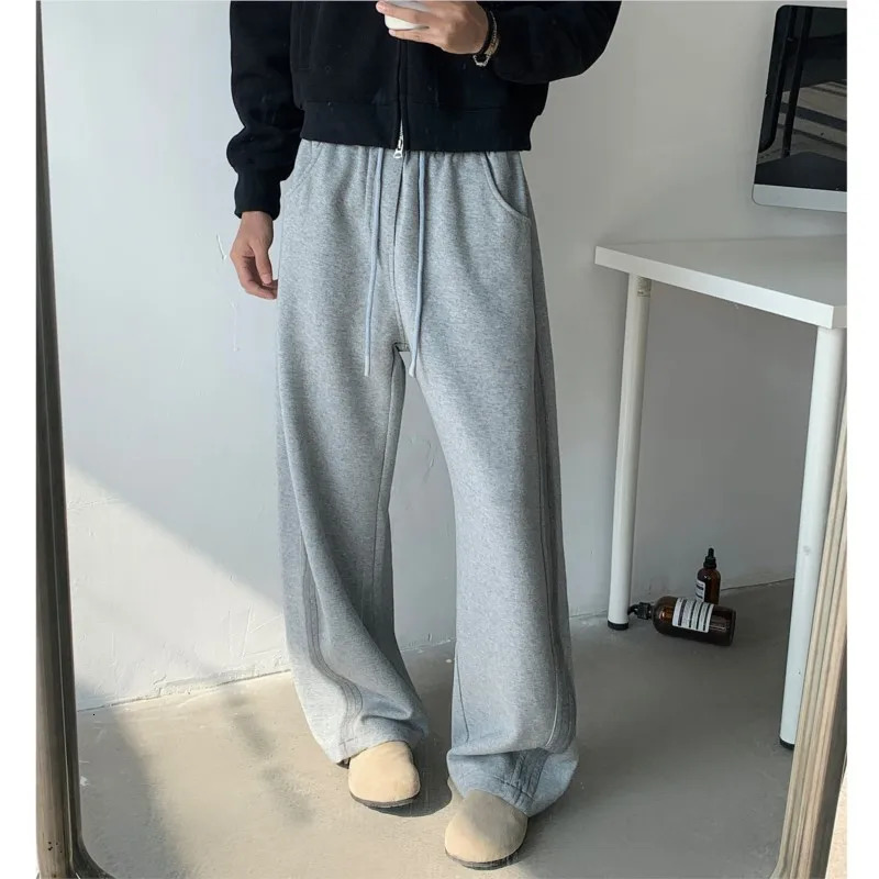 Winter Mens Tiedye Fleece Casual Pants Side Striped Wide Leg Straight Sweatpants Neutral Highquality Long Baggy Trousers 241214