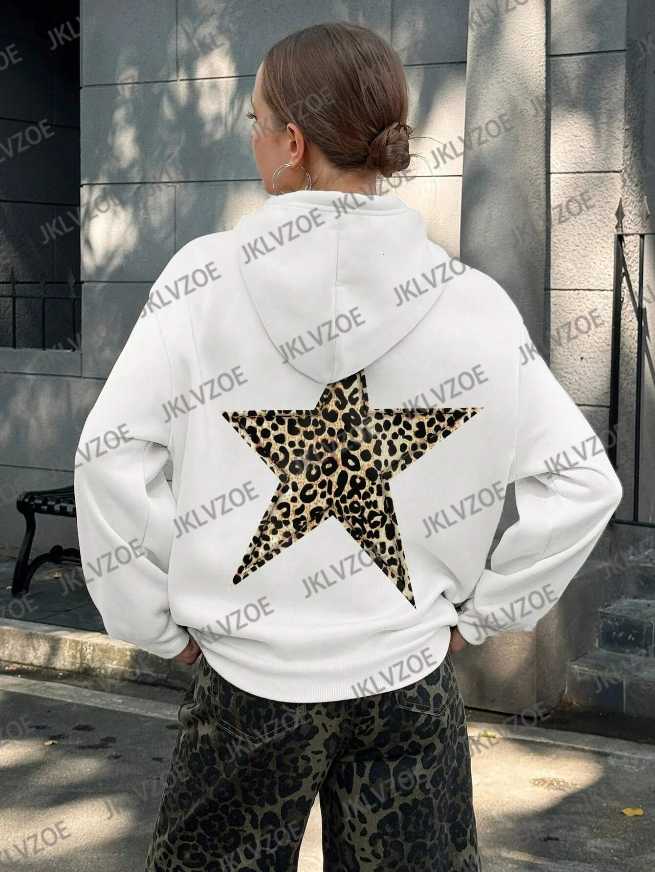 Winter womens leopard print and five point star sportswear Harajuku Pullover cotton hoodie loose casual womens streetwear 241214