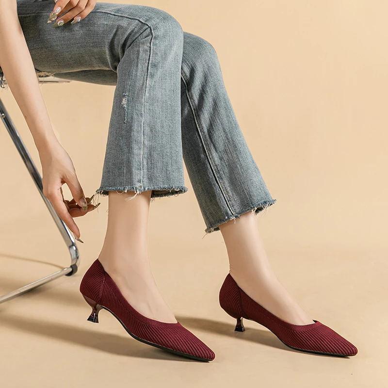 Womens large shoes high heels solid color knitted breathable rubber non slip sole spring and automatic latex sole 241213