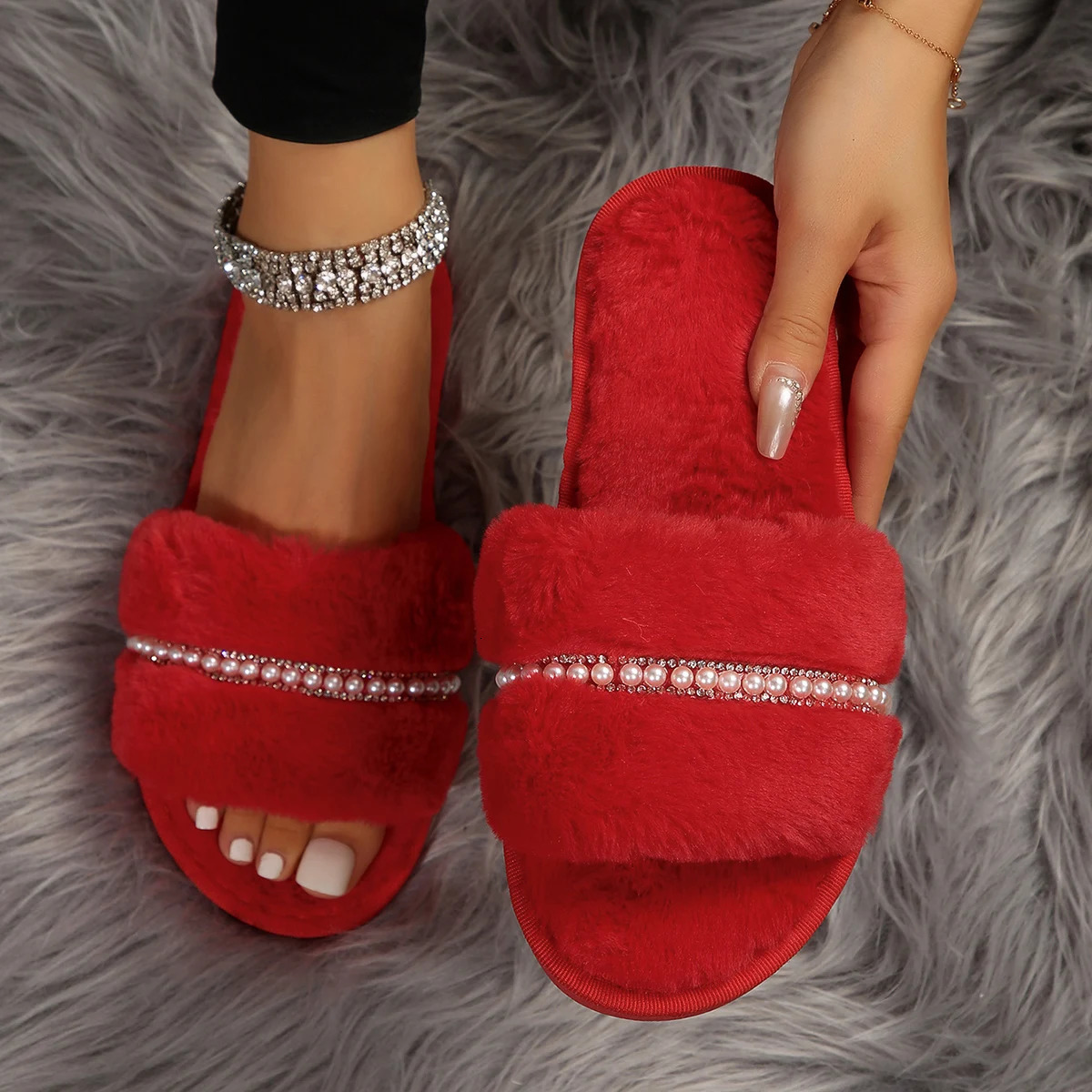 Winter Womens Slippers Anti Slip Casual Indoor Flat Shoes Warm Solid Color Fashion 241214