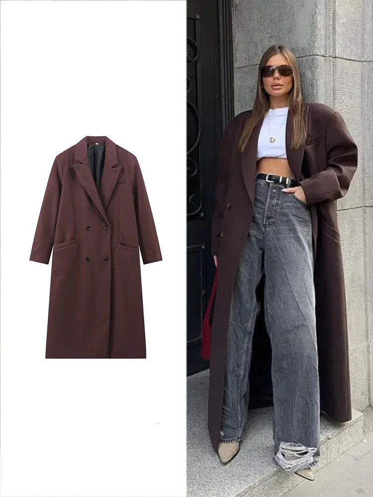 TRAF Women Fashion Double Breasted Lapel Wool Coat Elegant Long Sleeve Casual Pocket Autumn and Winter Warm Street 241210
