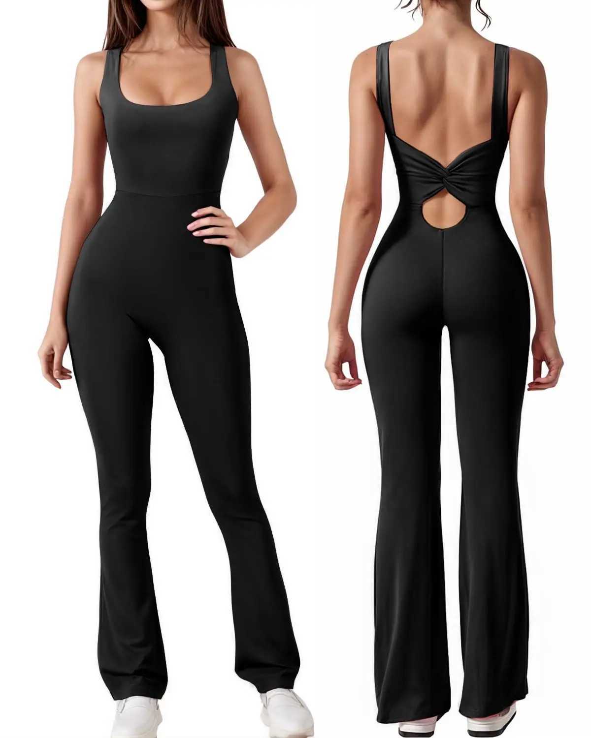 Yoga Outfit Womens Workout Flare Jumpsuit Backless Yoga Romper Scrunch Butt One Piece Bodysuit Leggings Open Back Gym Bodycorn H241214