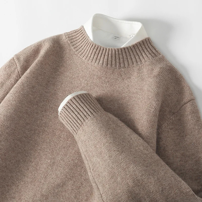 WOTEEWS 100% pure wool mens semi high neck sweater loose knit business casual long sleeved pullover product 241209