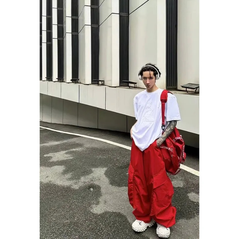 Pants Mens Summer High Street Red Vibe Thin Loose Wide Leg Casual Trousers Solid Color Pockets Cargo Straight Long Pants 241214