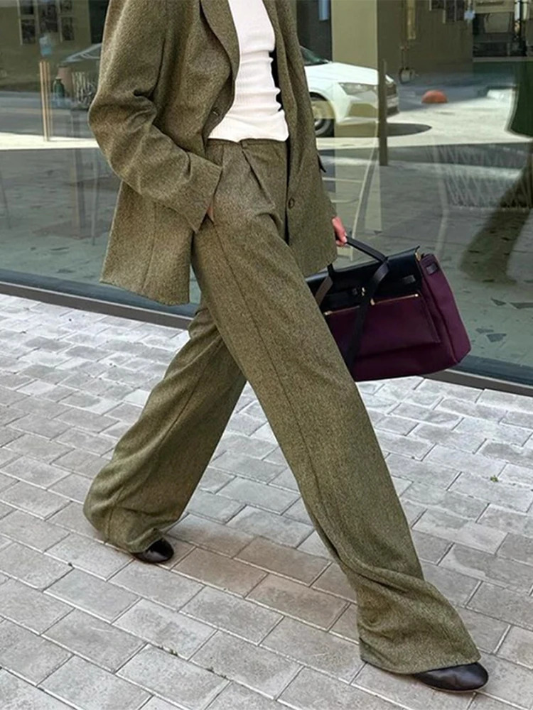Casual 2 Pieces Sets For Women Elegant Turndown Collar Long Sleeve Coat High Waist Trousers Loose Autumn Female Suit 241203