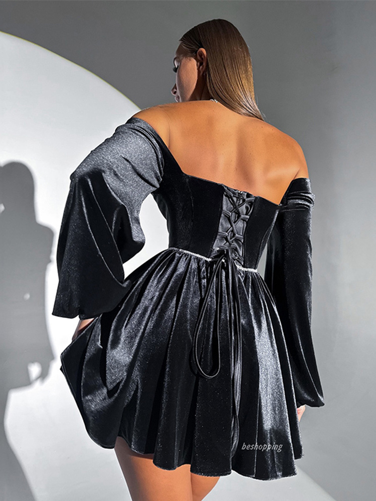 Elegant Veet Dress Women Off Shoulder Sexy Long Sleeves Mini Dresses Female Fashion Solid Bandage Party Robe