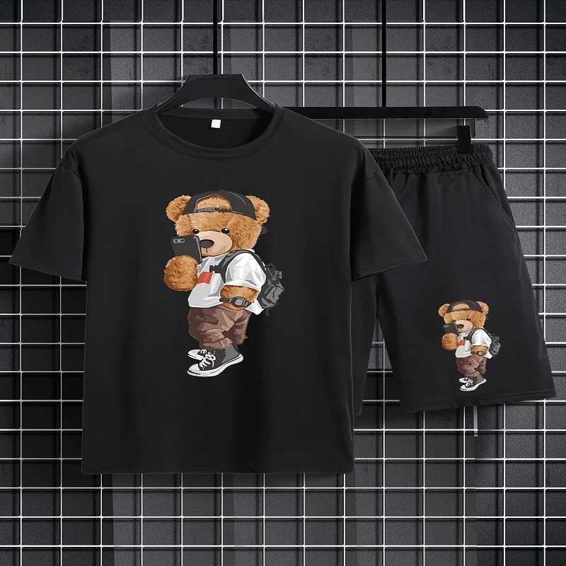 Clothing Sets Summer Baby Girl Clothes Kid Boy Printed Hat Bear T-Shirts Pants Suit Children Short Sleeve Top and Bottom 2 Pieces Set H241214