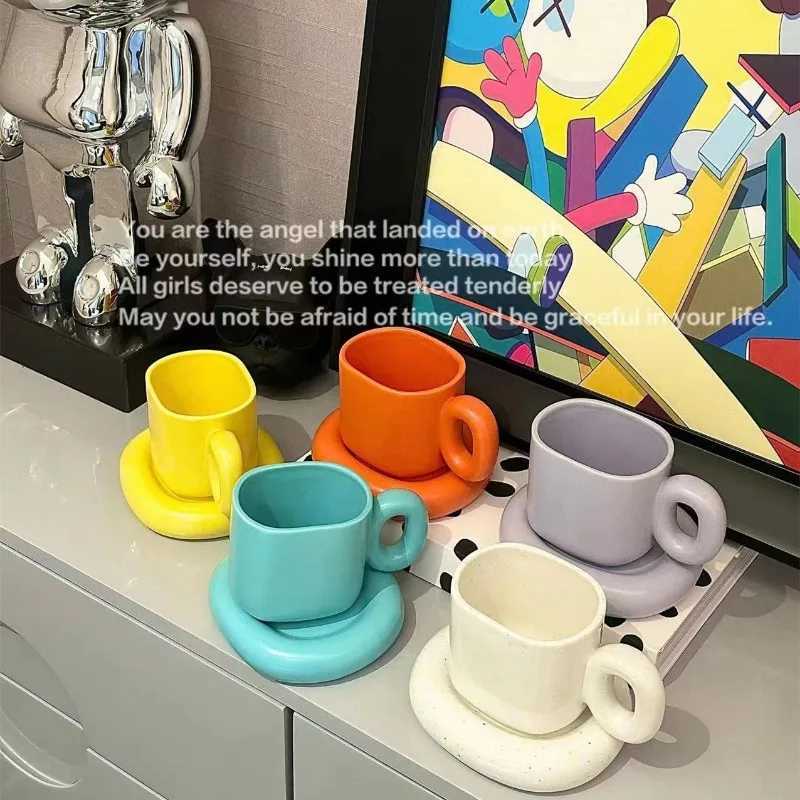 Creative Solid Color Ceramic Coffee Cup Thick Saucer Afternoon Tea Dessert Tea Cup Breakfast Bread Milk g Couple Gift g He Y241214