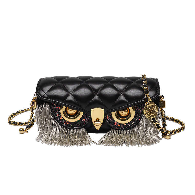 Bag, women's tassel dia grid chain cydrical fashionable and funny owl single shoulder crossbody small round bag, 2024 temperament versatile new t