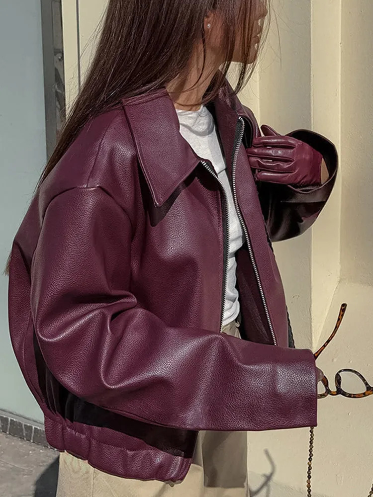 Street leather womens jacket wine red lapel long sleeved Pu womens jacket retro pocket zipper motorcycle womens jacket 241214