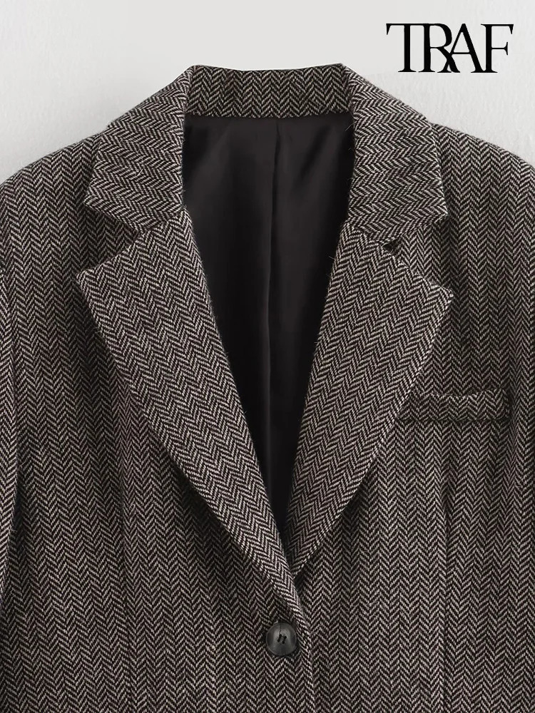 TRAF Womens Herringbone tweed blazer Europe and the United States wind grey fashion loose jacket Elegant womens clothing 241209