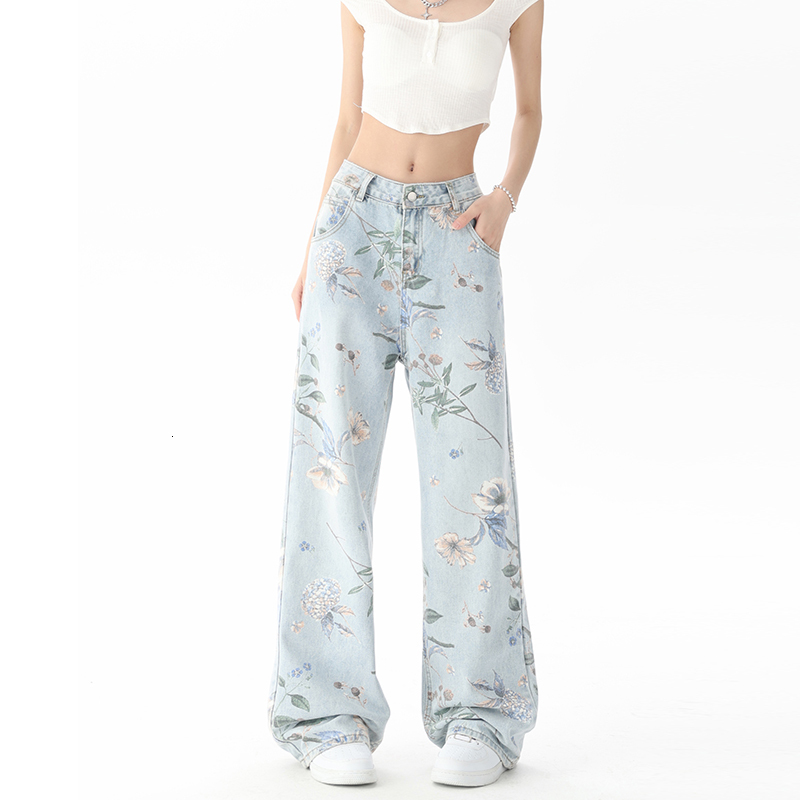 Vintage ral Print Waist High Street Blue Straight Jeans Pants Korean Fashion Women's Wide Leg Baggy Denim Trouser Y2K