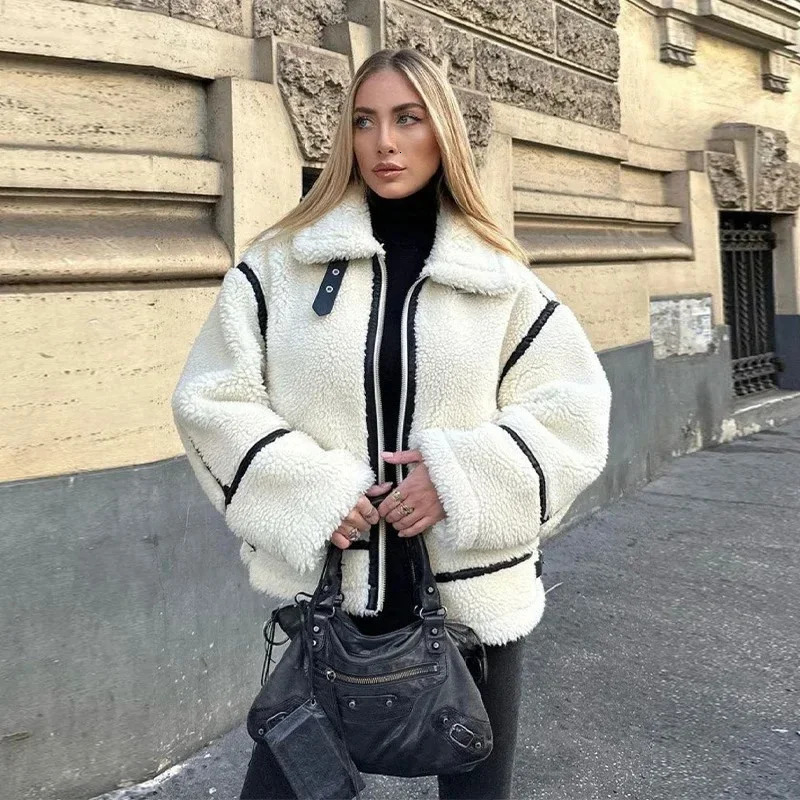 Suninhart Winter Warm Wool Jacket Casual Loose Thick Coat Contrast Color Integrated Artificial Wool Leather Jacket Plush Jacket for Women 241214