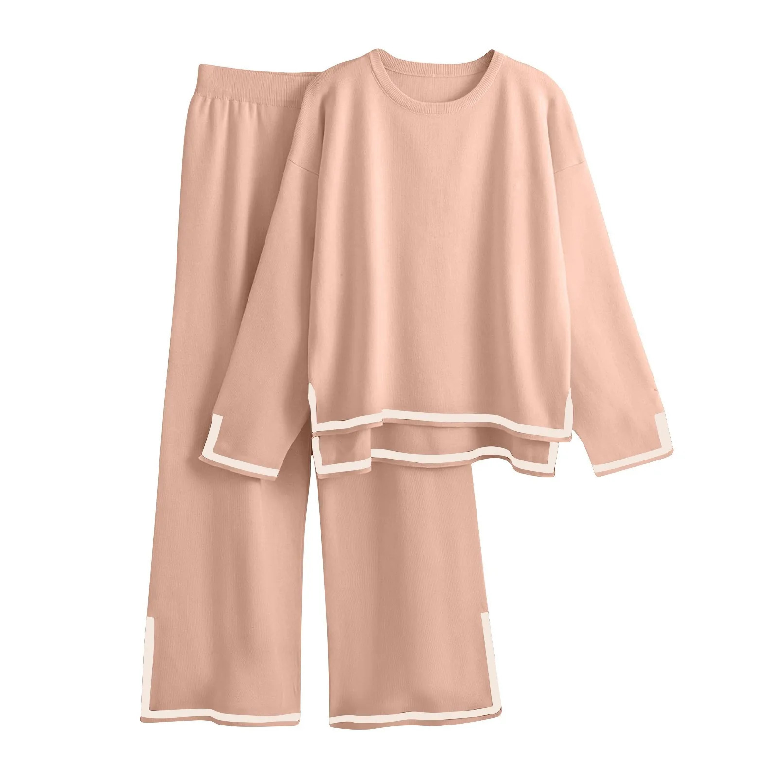 Knitted Womens Trousers Suit Two Piece Set Solid Color Winter Loose Long Sleeve Knitwear Flare Pants Sets Female Casual Suits 241209