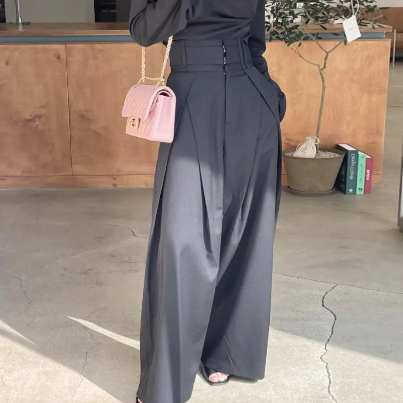 Womens pants wide leg solid casual loose simple elegant spliced tight fitting high waisted s autumn Trouser 241212