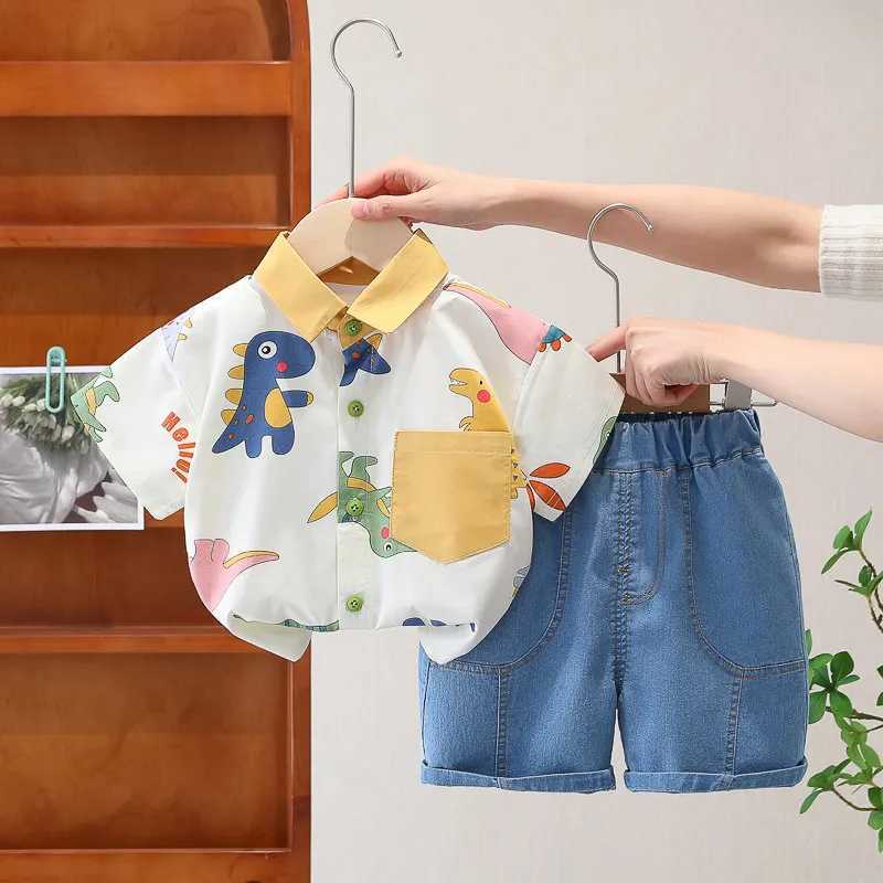 Clothing Sets Cotton Clothes Kids Boy Summer Children Print Dinosaur Shirts Denim Shorts 2Pcs/Set Kids Fashion Toddler Tracksuits 0-5 Years H241214