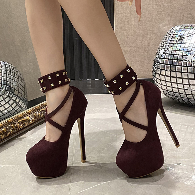 Liyke Big Size 43 44 45 Women Pumps Solid Black Round Toe Metal Rivet Ankle Hook Strap Platform High Heels Wedding Banquet Shoes