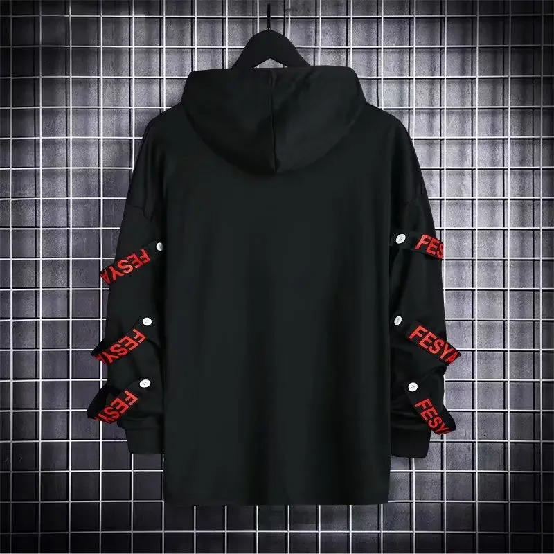 mens hoodie sweater autumn casual technical clothing hip-hop Harajuku hoodie mens ribbon patch work Japanese street clothing dark 241214