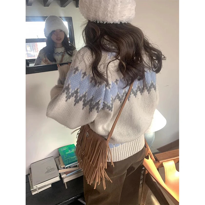 Retro printed sweater Japanese Harajuku womens oversized knitted pullout winter aesthetic long sleeved jumper Korean 241211