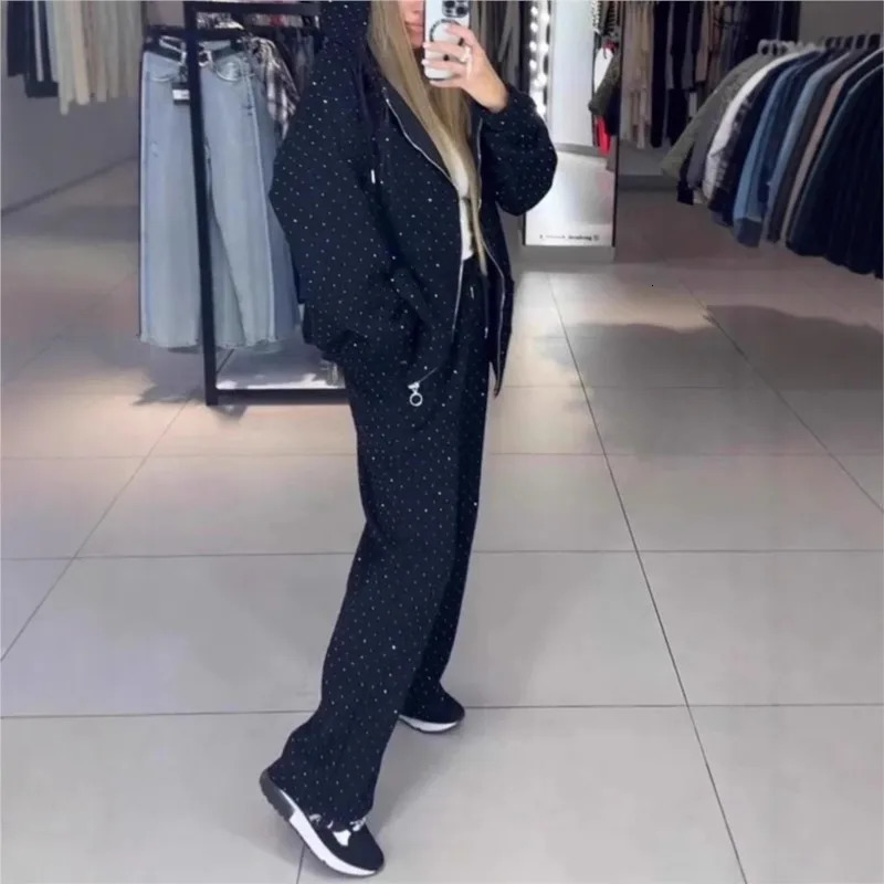 Fall Winter Rhinestone Diamonds Hooded Sweatshirt Two Piece Set Women Tracksuits Coat Drawstring Pants Retro Loose Sport Suit 241209