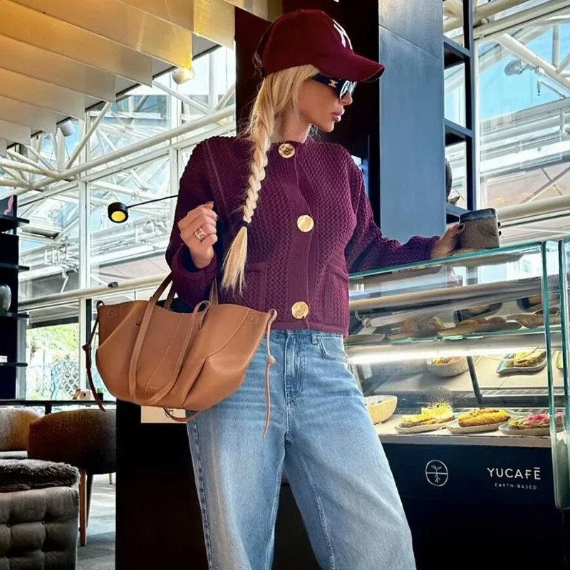 HXAO Womens Sweater Crochet Burgundy Sweater Cardigan Autumn Winter Crop Knit Outerwears Knitwear Long Sleeve Big Size Cardigan 241214