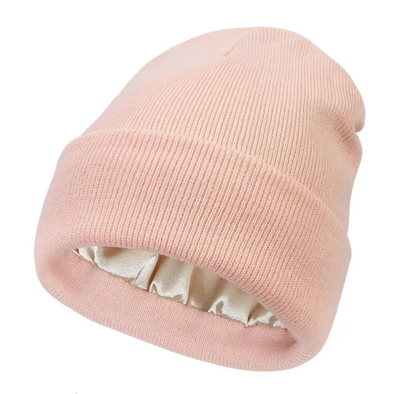 womens knitted hat fluffy winter silk satin knitted hat womens thick hat warm bean hat 241211